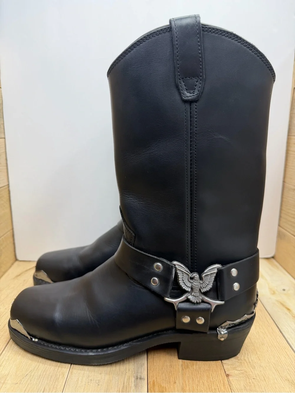 DINGO BLACK LEATHER SQUARE TOE EAGLE HARNESS MOTORCYCLE BOOTS DI19053 MENS 10D